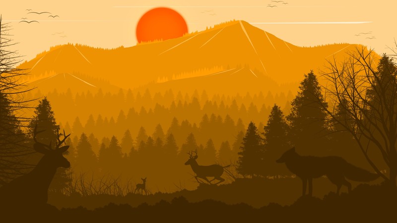 artwork, minimalism, Sun, birds, wolf, deer, trees, mountains