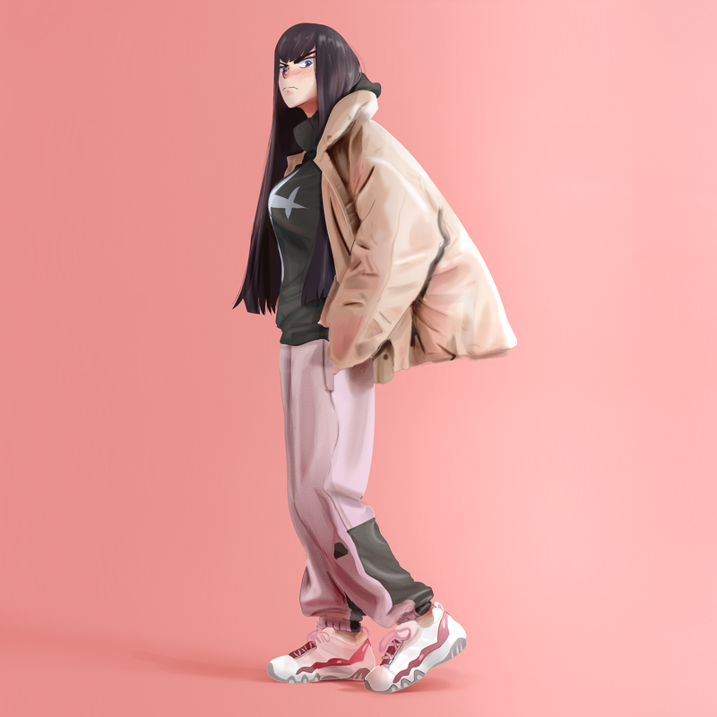 Kill la Kill, 2D, blushing, embarrassed, looking at viewer, black hair, blue eyes, pink background, pink pants, Kiryuin Satsuki, fan art, anime
