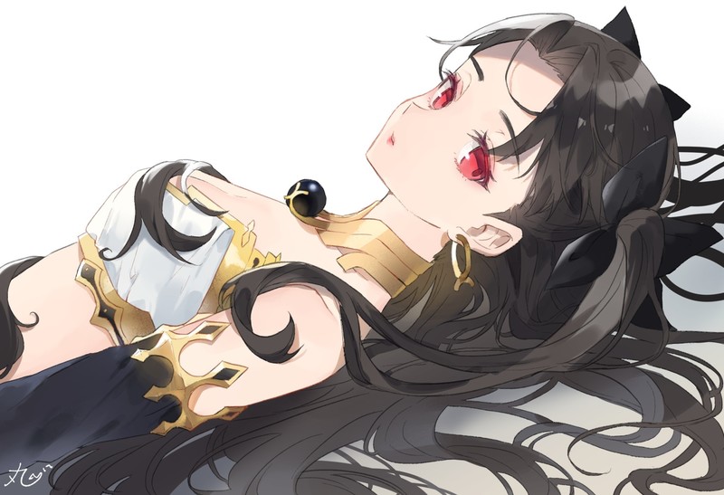 black hair, red eyes, long hair, cleavage, Ishtar (Fate Grand Order)