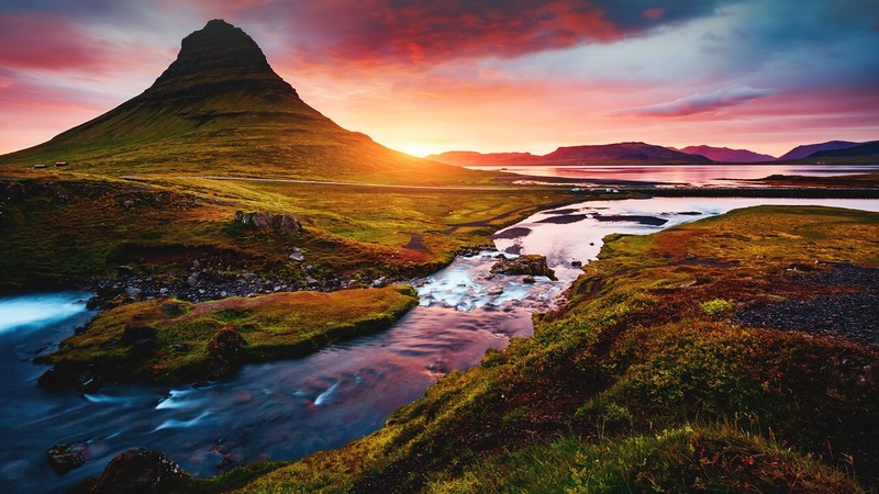 nature, landscape, far view, water, rocks, clouds, sky, sunset, grass, moss, mountains, Kirkjufell, peninsula, Iceland