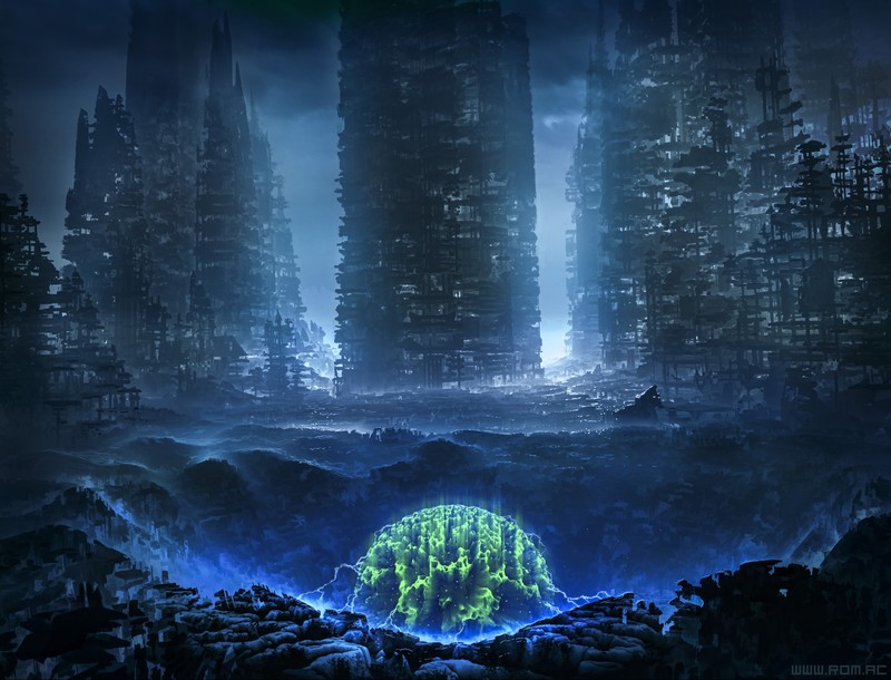 Romantically Apocalyptic, science fiction, glowing, orb, green, blue, city, ruins, crater, electricity