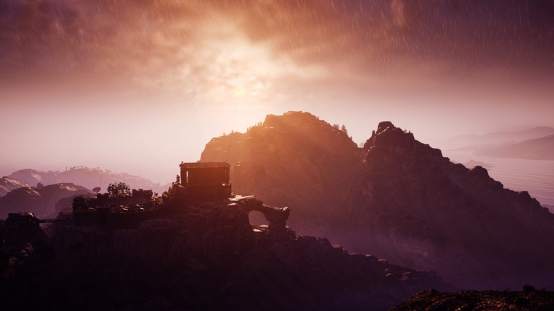 Assassins Creed: Odyssey, screen shot, Video Game Landscape, sunset, rain