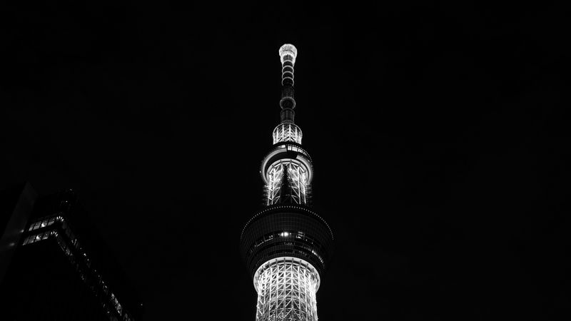 tower, night city, bw, architecture, building, 4k
