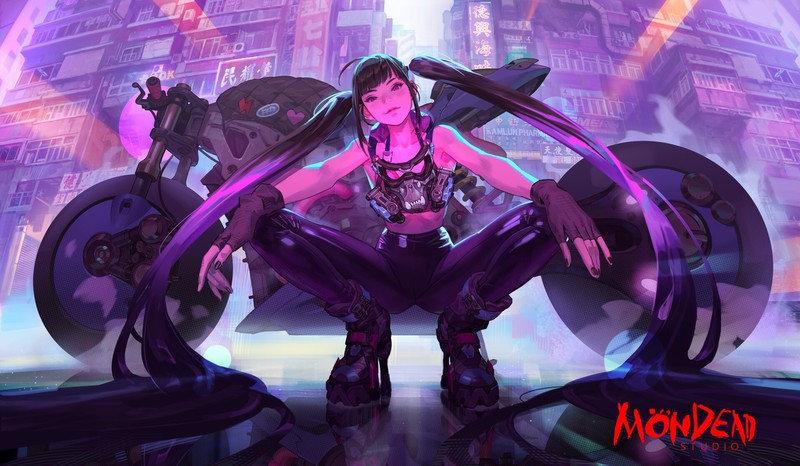 anime girls, original characters, futuristic, cyberpunk, anime, frontal view