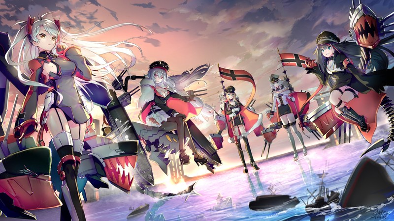 Azur Lane, Bismarck (Azur Lane), Deutschland (Azur Lane), Graf Zeppelin (Azur Lane), Prinz Eugen (Azur Lane), Tirpitz (Azur Lane), colorful, anthropomorphism, group of women, anime girls, anime