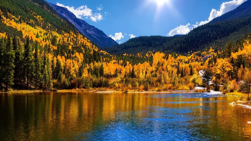 nature, landscape, clouds, trees, forest, sky, mountains, lake, water, fall, water ripples, Colorado, USA