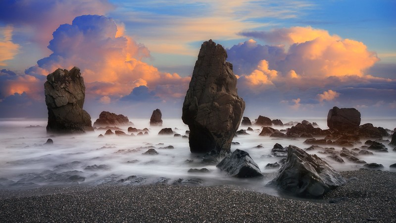 nature, landscape, clouds, sky, rocks, water, horizon, sea, long exposure, New Zealand