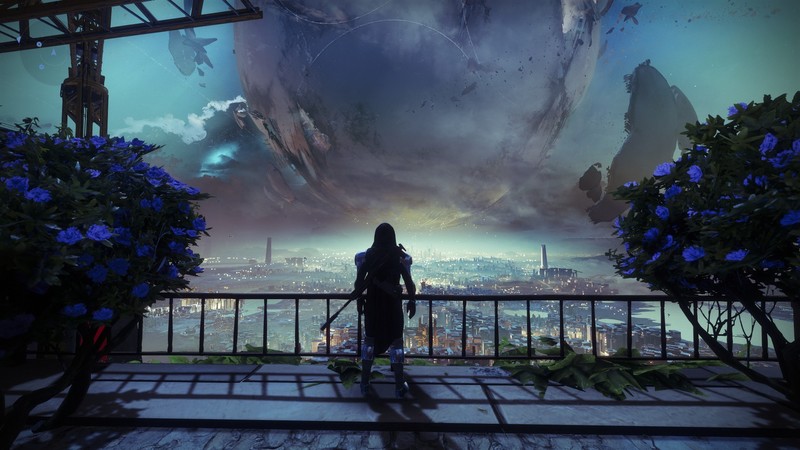 Destiny 2 (video game), screen shot, video game art, space, planet, flowers, city