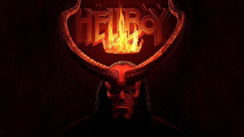 Hellboy, movie characters, movie poster, dark, horns, fire, crown, face, long hair, frontal view