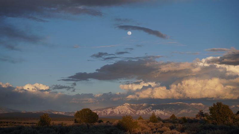 mountains, moon, sky, clouds, distance, 4k