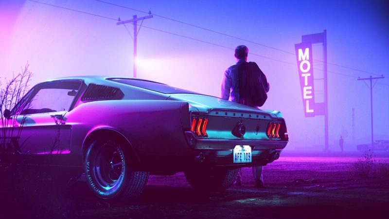 car, neon, man, sign, 4k
