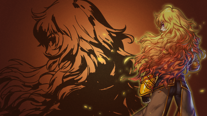 RWBY, anime girls, digital art, fan art, Yang Xiao Long, long hair, yellow hair, gauntlets, Ember Celica, purple eyes, back