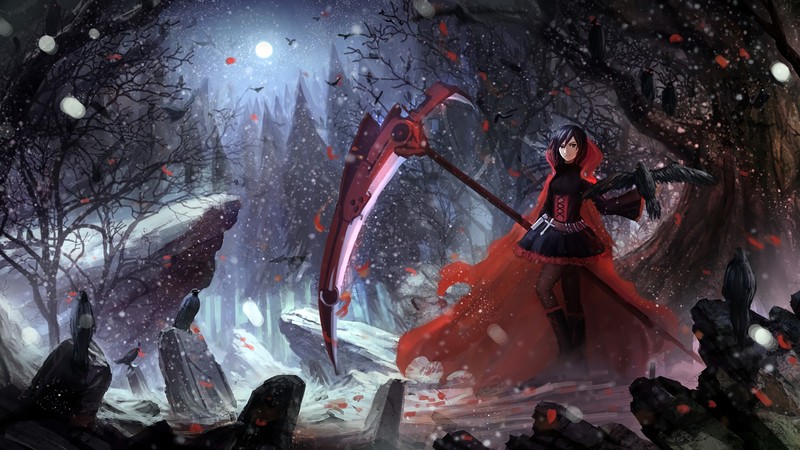 RWBY, anime girls, digital art, fan art, short hair, Ruby Rose (RWBY), scythe, cape, crow, forest, skirt, Crescent Rose, snow, black hair, Moon