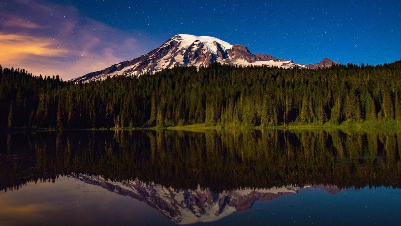 nature, landscape, far view, mountains, trees, forest, stars, sunset, clouds, lake, reflection, water, Mt Rainier, Washington, USA, snowy mountain