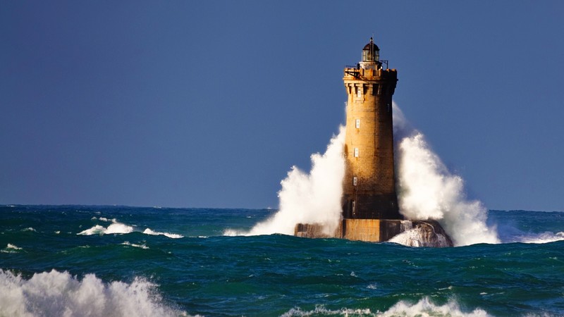 nature, landscape, far view, sky, water, waves, lighthouse, clear sky, horizon, Phare du Four, Brittany, France