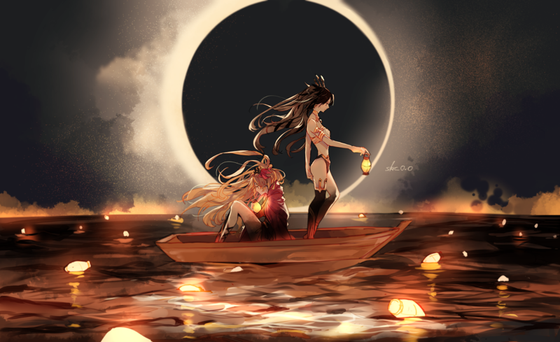 Fate Series, FGO, Fate/Grand Order, anime girls, 2D, small boobs, long hair, thighs, black hair, blond hair, atlantic ocean, sea, boat, eclipse, Ereshkigal (Fate/Grand Order), Ishtar (Fate Grand Order), red eyes, lamp, night, fan art