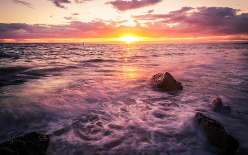 beach, sunset, shoreline, nature