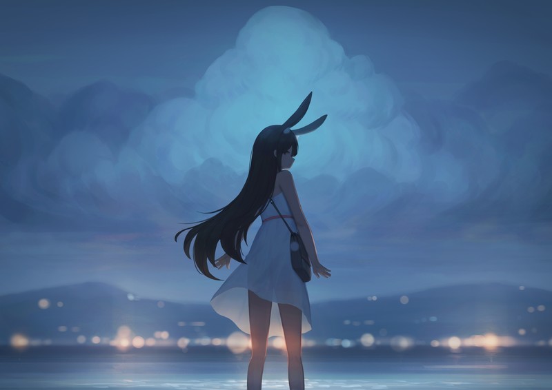 city lights, neko ears, white dress, bunny ears, bunny girl, sky, anime