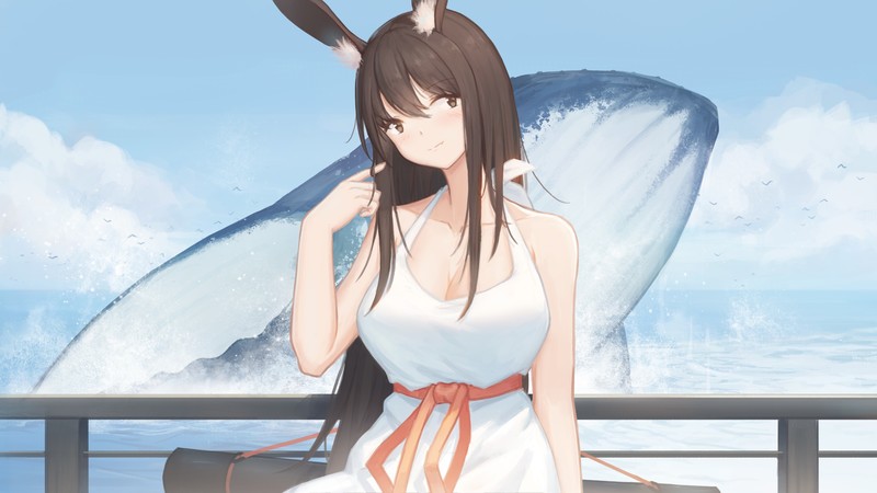 anime girls, white dress, bunny ears, whale, anime