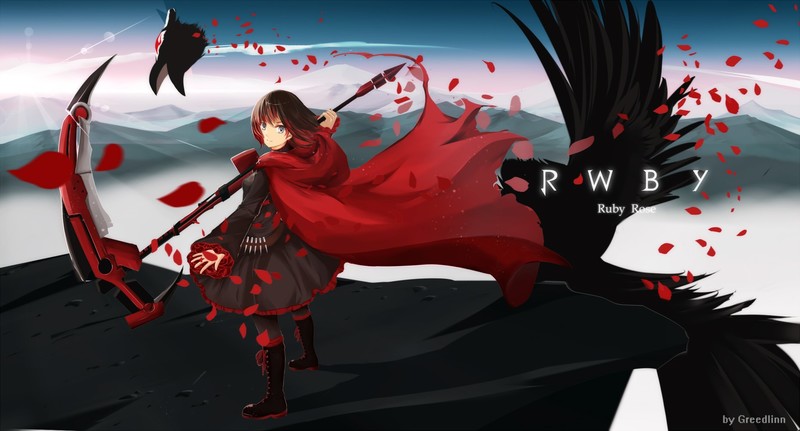ruby rose, Grimm (RWBY), petals, scythe, cape, skirt, Crescent Rose, Greedlinn, black hair, digital art, anime, anime girls, fan art