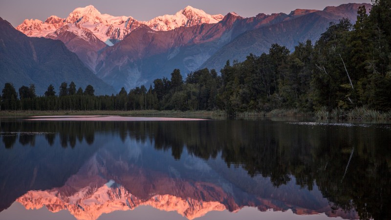 nature, landscape, mountains, water, lake, trees, forest, water ripples, plants, snowy mountain, sky, sunset, New Zealand