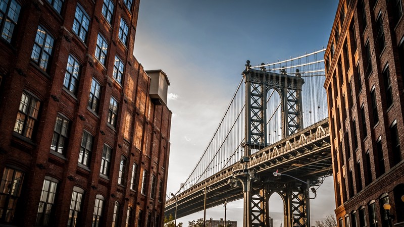 architecture, bridge, clouds, sky, window, building, Manhattan Bridge, Brooklyn, New York City, USA
