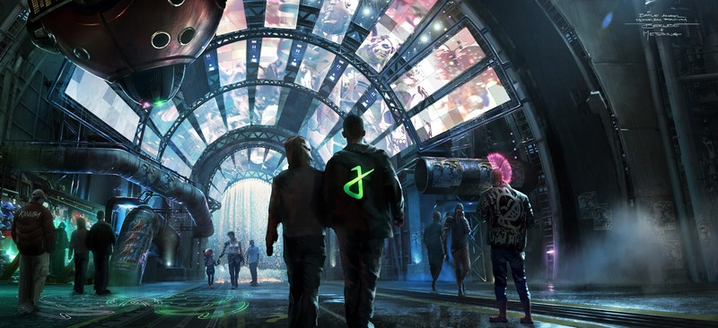 cyberpunk, drawing, people, punk, hallway, science fiction, glowing, sparks