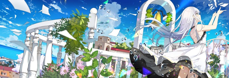 sutorora, anime girls, sky, grass, flowers, white hair, anime