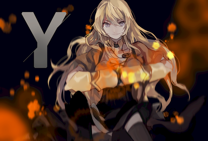 RWBY, anime, anime girls, digital art, artwork, fan art, Yang Xiao Long, Ember Celica, yellow hair, fire, gauntlets, long hair