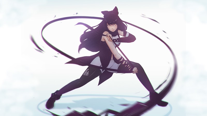 RWBY, anime, anime girls, Blake Belladonna, Gambol Shroud., scythe, black hair, tie, yellow eyes, petals, digital art, artwork, fan art, long hair
