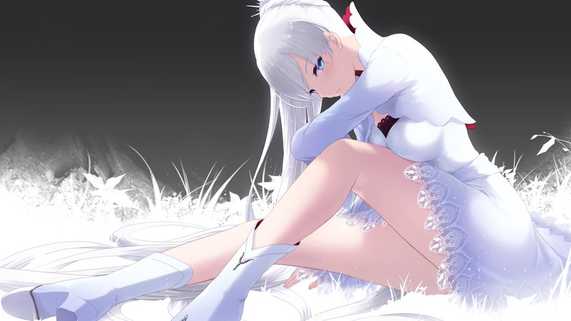 anime, anime girls, RWBY, Weiss Schnee, white hair, blue eyes, white boots