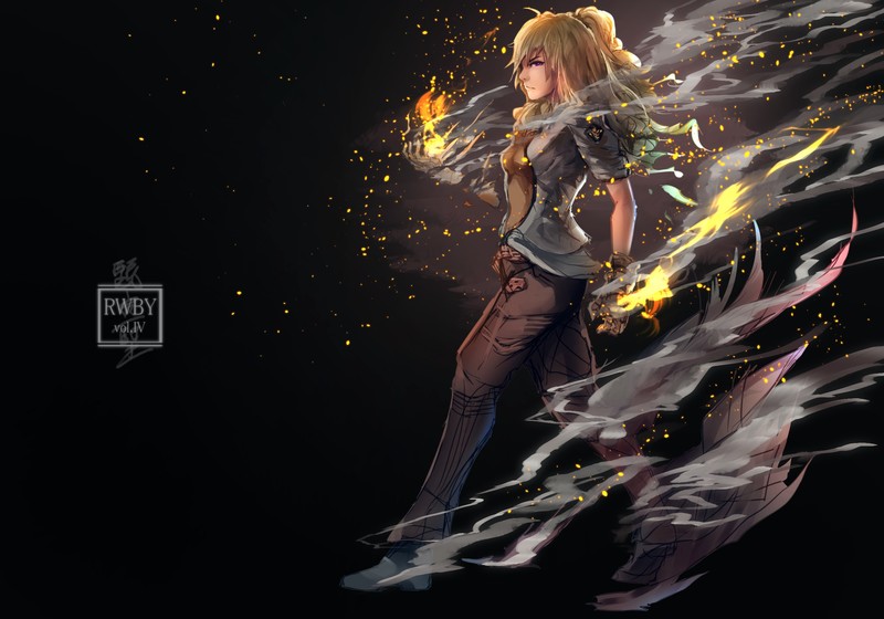 RWBY, anime, anime girls, digital art, artwork, fan art, Yang Xiao Long, Ember Celica, yellow hair, fire, gauntlets, pigtails, long hair