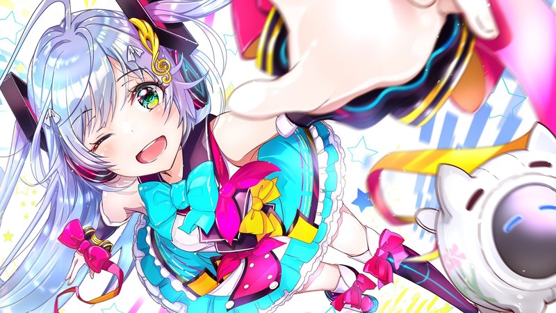 long hair, Hatsune Miku, twintails, wink, bow, anime