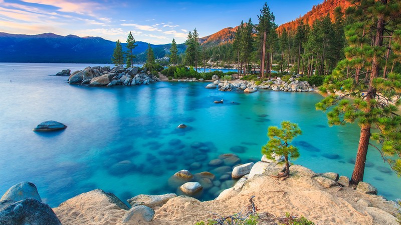 nature, landscape, far view, water, rocks, mountains, clouds, sky, trees, sunrise, clear water, sand, water ripples, Lake Tahoe, Nevada, USA