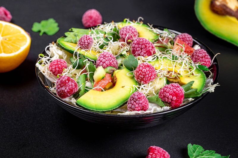 colorful, fruit, berries, food, salad, lemons, raspberries, avocados