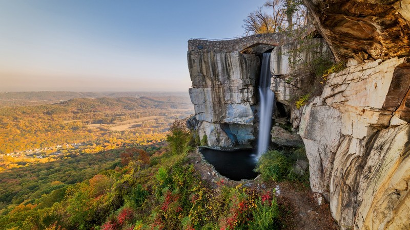 nature, landscape, horizon, trees, forest, plants, water, waterfall, sky, mountains, rocks, long exposure, far view, fall, Lookout Mountain, Georgia, USA