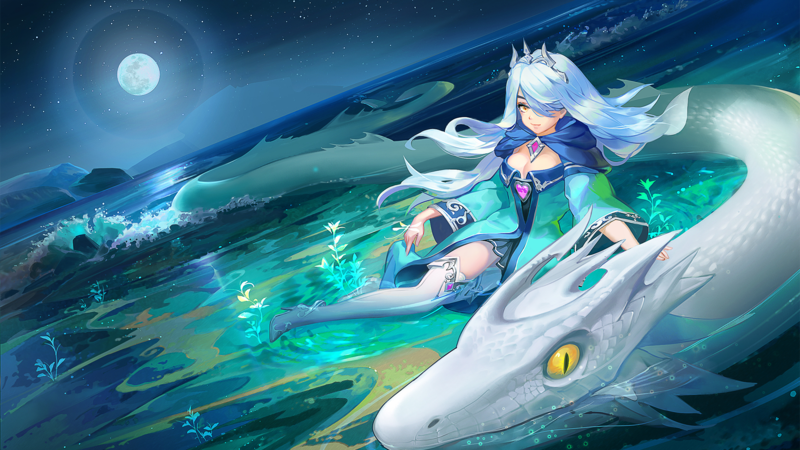 long hair, dragon, tiaras, Moon, thigh-highs, aqua hair