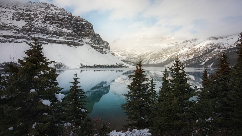 landscape, mountains, lake, snow, forest, trees, winter
