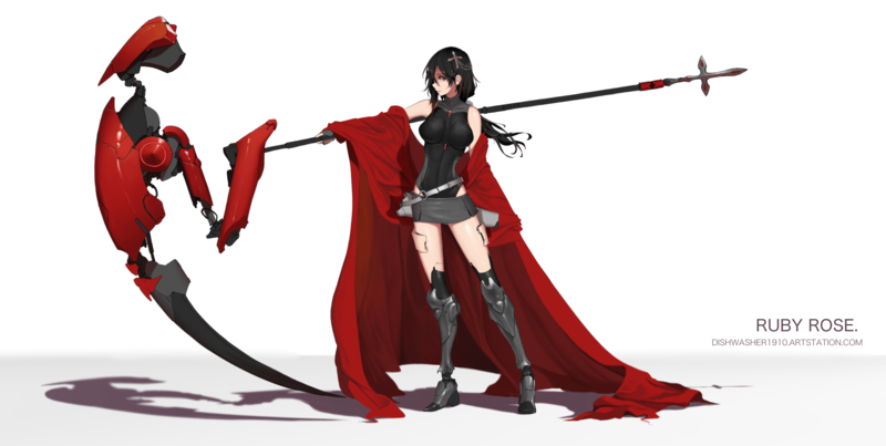 digital art, anime girls, fan art, RWBY, Ruby Rose (RWBY), Crescent Rose, scythe, black hair, cape, skirt, anime