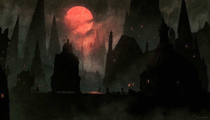 artwork, fantasy art, Anato Finnstark, Bloodborne, Blood moon, video game art