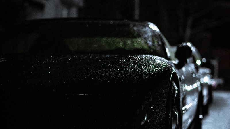 headlight, car, rain, darkness, front view, 4k