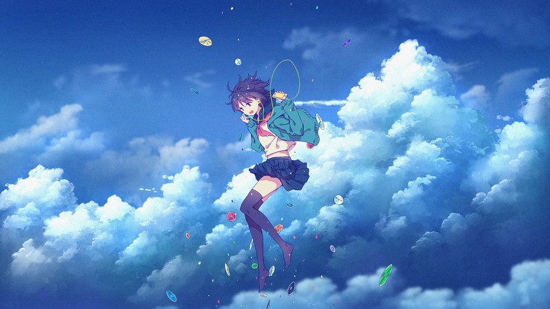 anime, tights, music, dress, Fly, skirt, anime girls, vertical, short hair, headphones, skinny, discs, confetti, clouds, freedom, skyscape