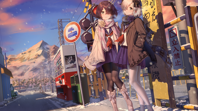 building, bus stop, pantyhose, short hair, snow, scarf, school uniform, anime