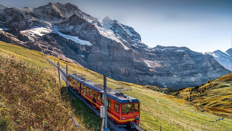 nature, landscape, mountains, trees, grass, railway, snowy mountain, train, Switzerland