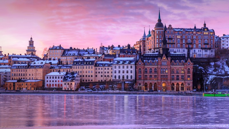 landscape, sunset, clouds, building, hotel, river, frozen lake, town, winter, Stockholm, Sweden, capital