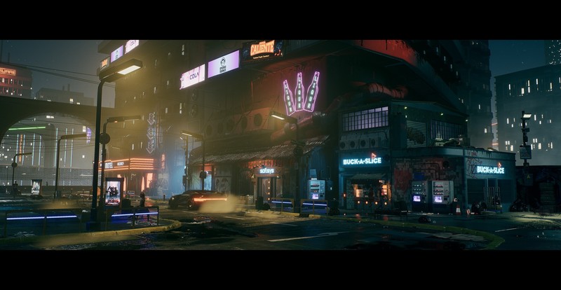 artwork, digital, video games, cyberpunk, street, stores, lights, car, building, neon lights