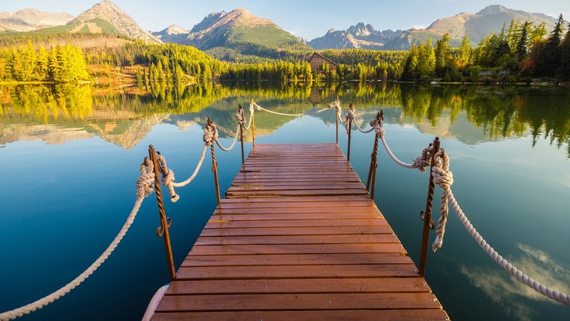 nature, landscape, trees, forest, mountains, rocks, lake, house, water, water ripples, wooden bridge, walkway, Tatra Mountains, Slovakia