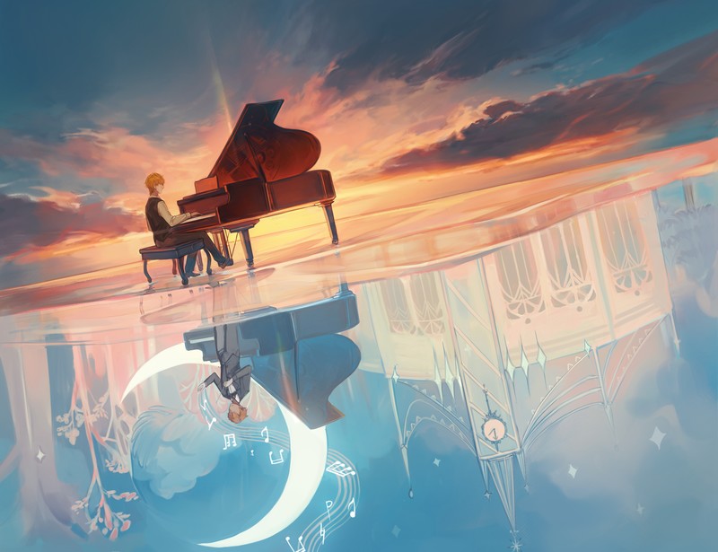 anime boys, piano, music, sky, anime