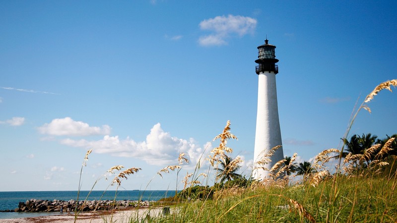 nature, landscape, clouds, sky, rocks, people, horizon, plants, trees, lighthouse, beach, sand, Cape Florida Lighthouse, Miami, Florida, USA