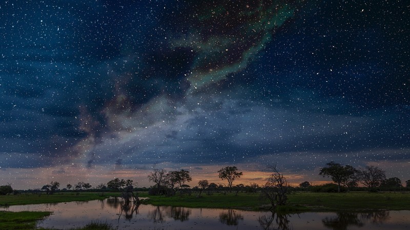 nature, landscape, sunset, pond, trees, grass, night, stars, clouds, Botswana, South Africa